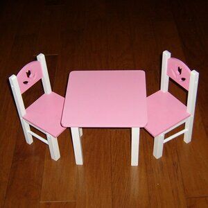 Wood Table & Chair Set for 18" Dolls, Pink & White, VGUC
